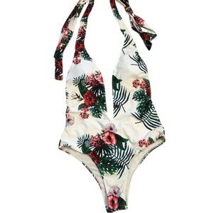 White Triopical Deep V-Neck One Piece Bathing Suit. Dramtic Long Neck Tie Size S